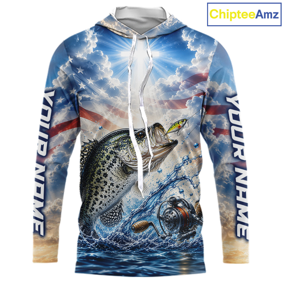 Custom Faith Crappie American Flag Patriotic Long Sleeve Hooded Fishing Shirt, US Fishing Jerseys