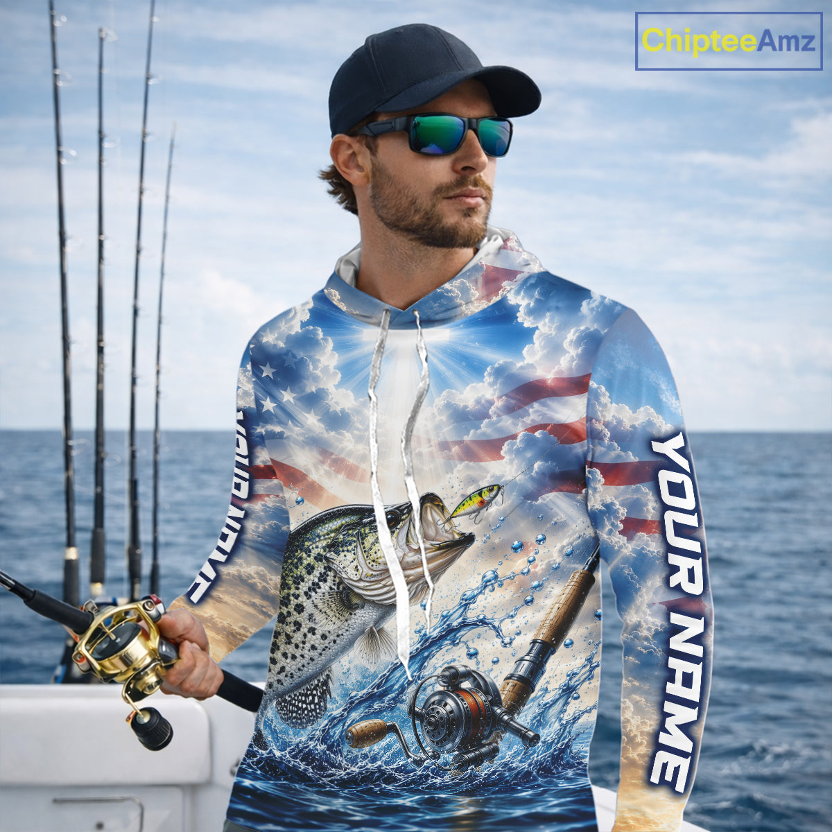 Custom Faith Crappie American Flag Patriotic Long Sleeve Hooded Fishing Shirt, US Fishing Jerseys