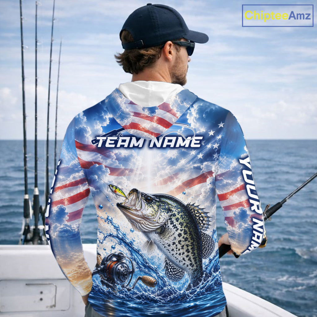 Custom Faith Crappie American Flag Patriotic Long Sleeve Hooded Fishing Shirt, US Fishing Jerseys