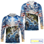 Custom Faith Largemouth Bass American Flag Patriotic Long Sleeve Hooded Fishing Shirt, US Fishing Jerseys