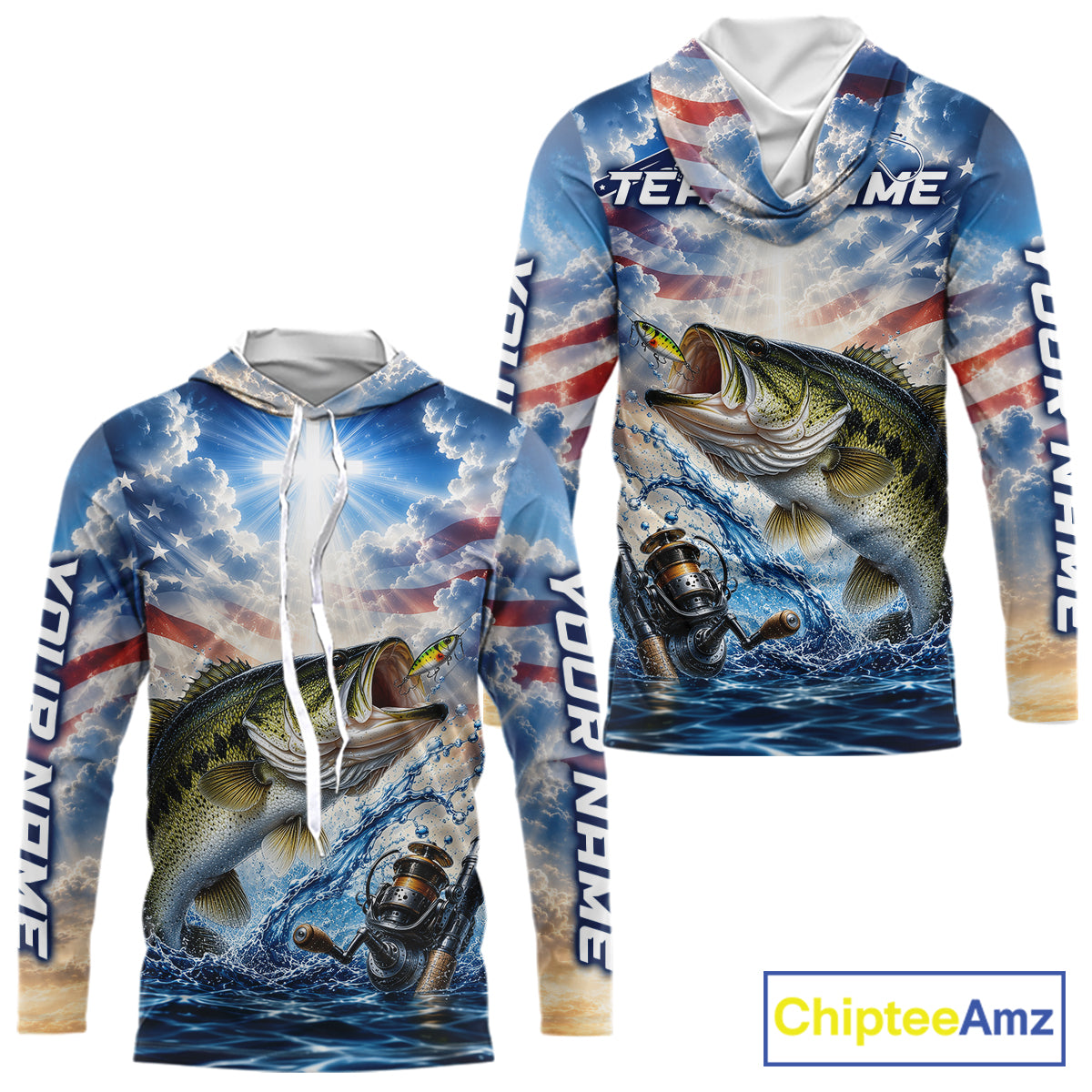 Custom Faith Largemouth Bass American Flag Patriotic Long Sleeve Hooded Fishing Shirt, US Fishing Jerseys