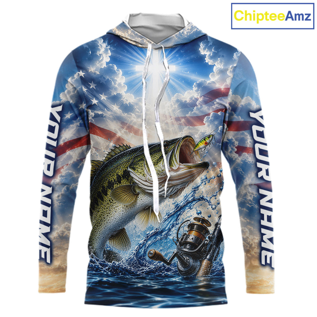 Custom Faith Largemouth Bass American Flag Patriotic Long Sleeve Hooded Fishing Shirt, US Fishing Jerseys