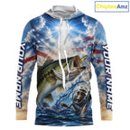 Custom Faith Largemouth Bass American Flag Patriotic Long Sleeve Hooded Fishing Shirt, US Fishing Jerseys