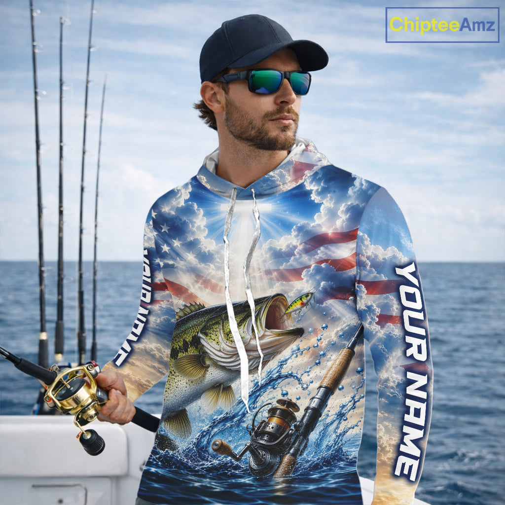 Custom Faith Largemouth Bass American Flag Patriotic Long Sleeve Hooded Fishing Shirt, US Fishing Jerseys