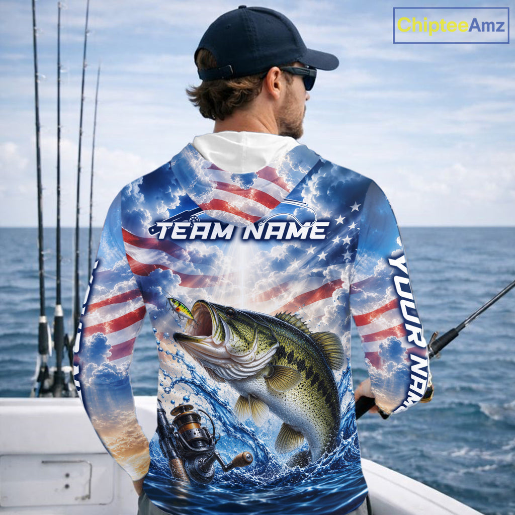 Custom Faith Largemouth Bass American Flag Patriotic Long Sleeve Hooded Fishing Shirt, US Fishing Jerseys