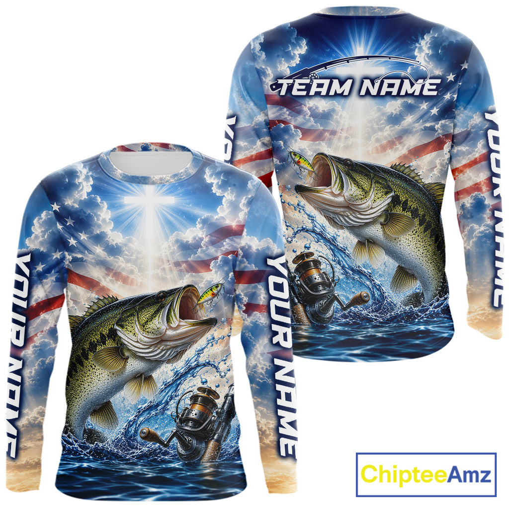 Custom Faith Largemouth Bass American Flag Patriotic Fishing Shirt Long Sleeve, US Fishing Jerseys