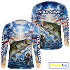 Custom Faith Largemouth Bass American Flag Patriotic Fishing Shirt Long Sleeve, US Fishing Jerseys