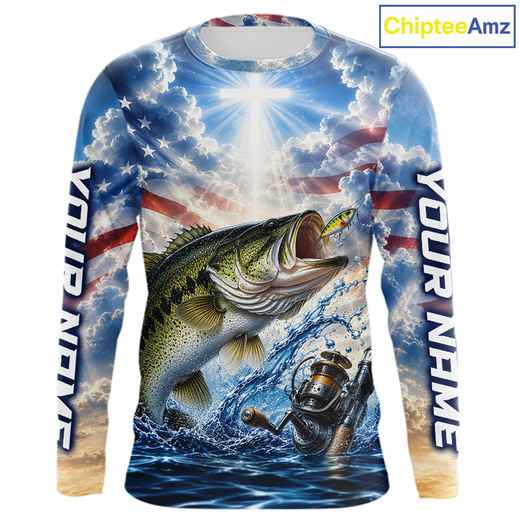 Custom Faith Largemouth Bass American Flag Patriotic Fishing Shirt Long Sleeve, US Fishing Jerseys