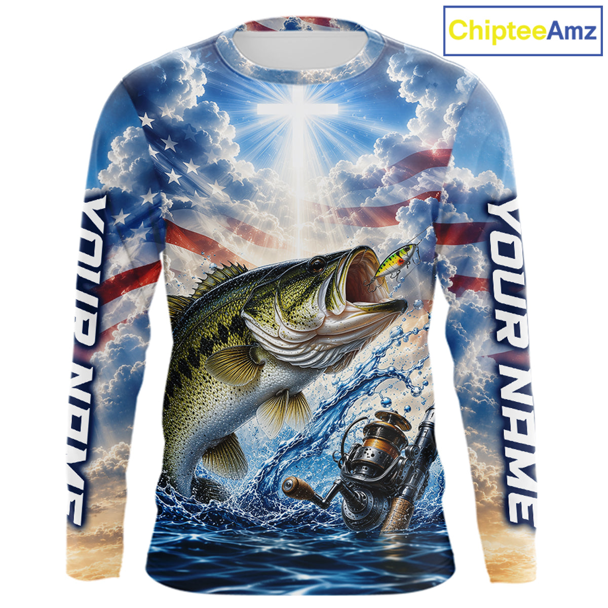 Custom Faith Largemouth Bass American Flag Patriotic Fishing Shirt Long Sleeve, US Fishing Jerseys