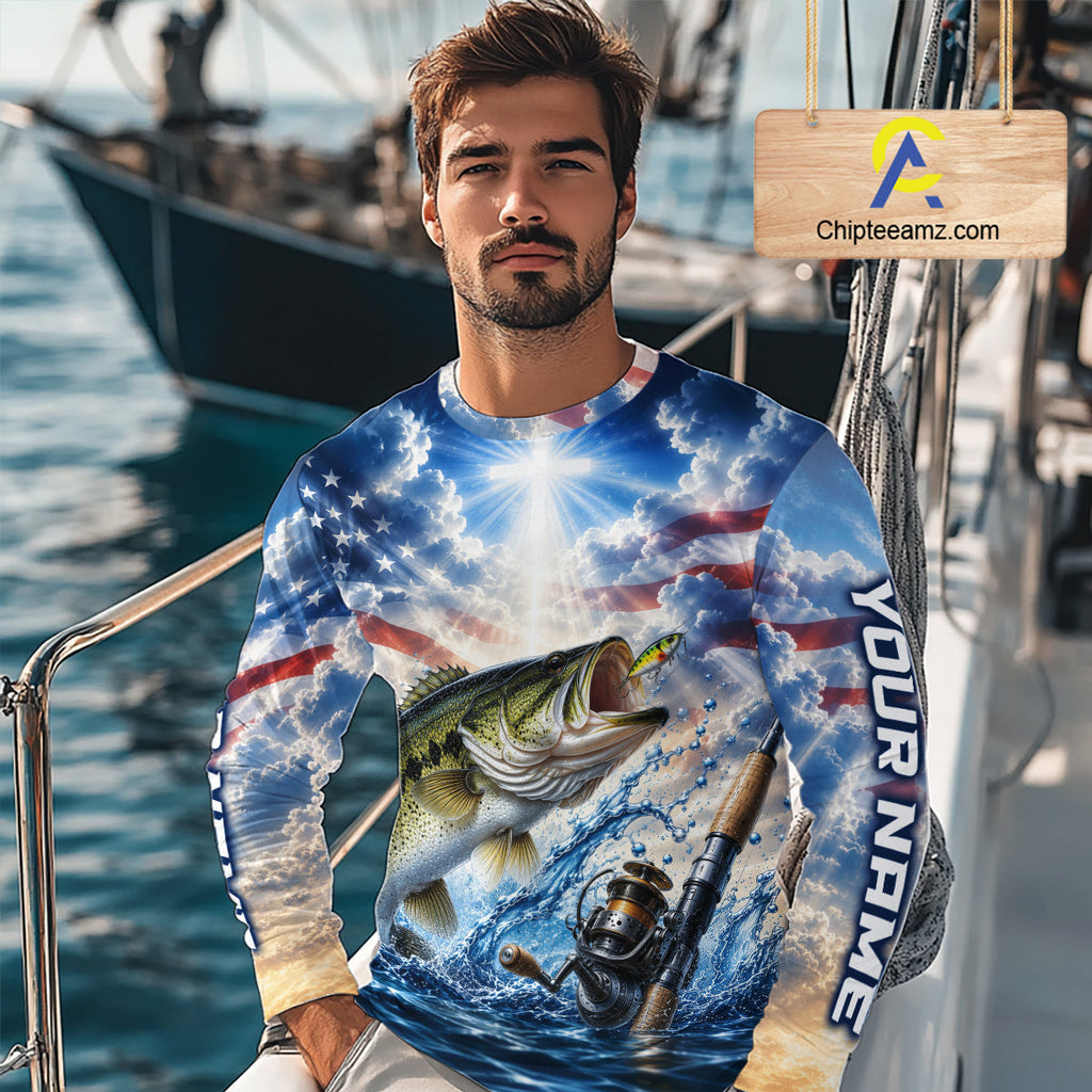 Custom Faith Largemouth Bass American Flag Patriotic Fishing Shirt Long Sleeve, US Fishing Jerseys
