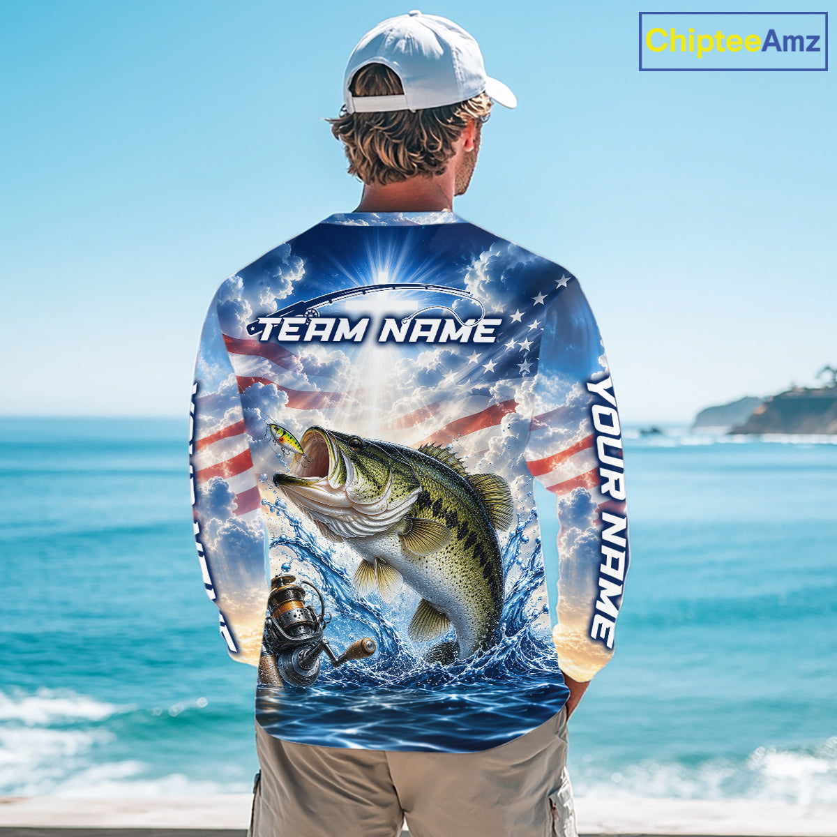Custom Faith Largemouth Bass American Flag Patriotic Fishing Shirt Long Sleeve, US Fishing Jerseys