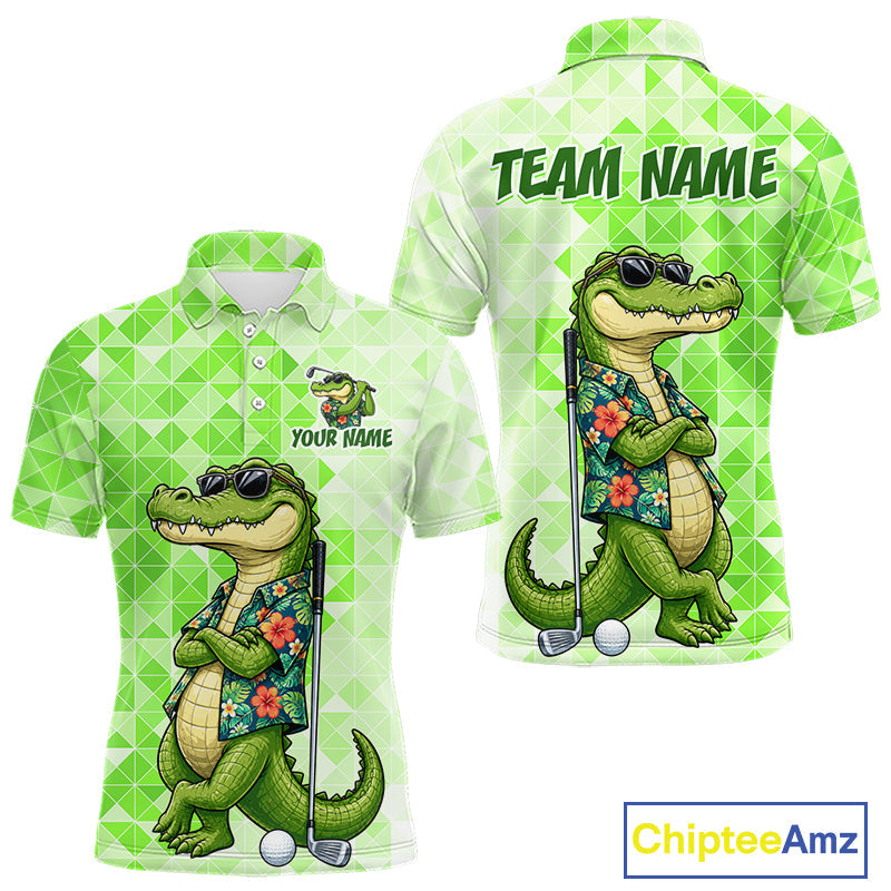 Funny Green Alligator Golf Polo Shirt Custom Name Team Golf Shirts, Golf Gifts