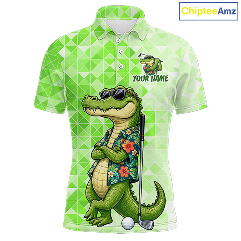 Funny Green Alligator Golf Polo Shirt Custom Name Team Golf Shirts, Golf Gifts