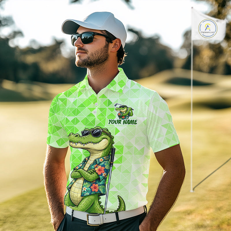 Funny Green Alligator Golf Polo Shirt Custom Name Team Golf Shirts, Golf Gifts
