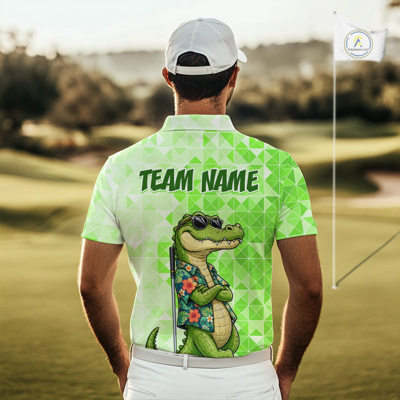 Funny Green Alligator Golf Polo Shirt Custom Name Team Golf Shirts, Golf Gifts