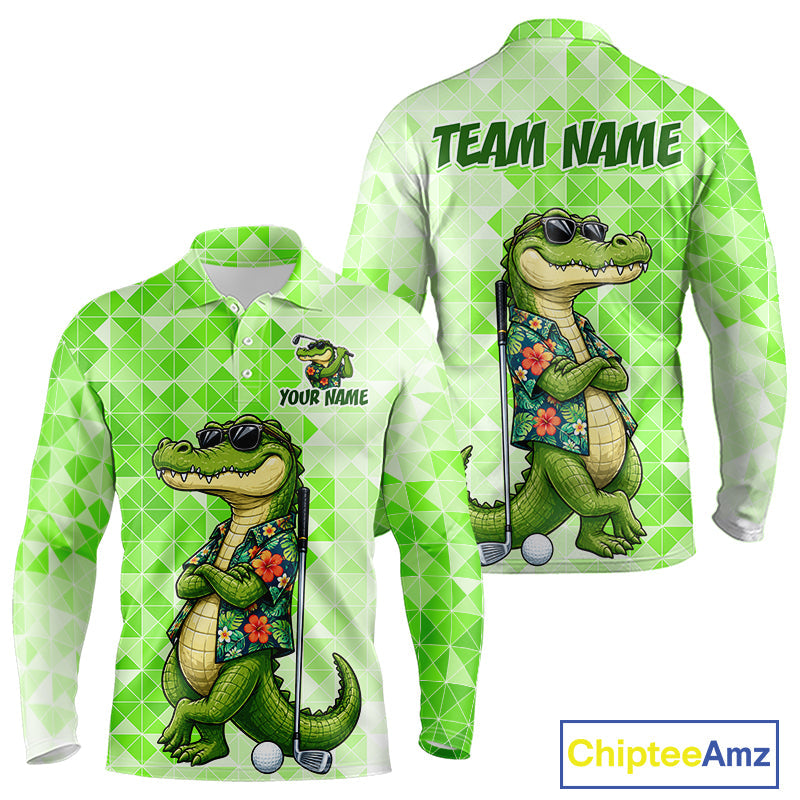 Funny Green Alligator Golf Polo Shirt Custom Name Team Golf Shirts, Golf Gifts