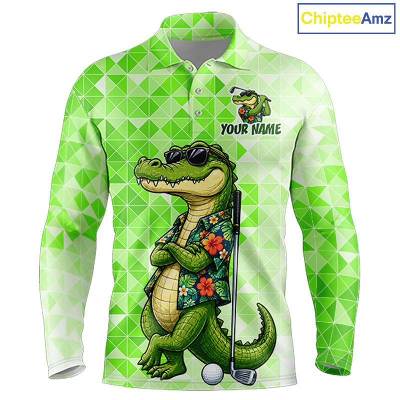 Funny Green Alligator Golf Polo Shirt Custom Name Team Golf Shirts, Golf Gifts