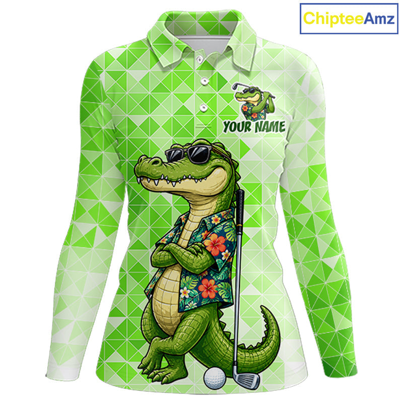 Funny Green Alligator Golf Polo Shirt Custom Name Team Golf Shirts, Golf Gifts