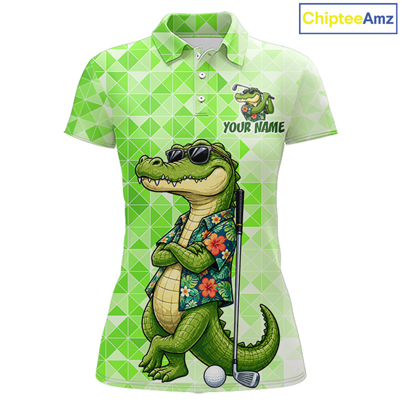 Funny Green Alligator Golf Polo Shirt Custom Name Team Golf Shirts, Golf Gifts