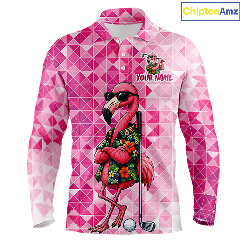 Funny Pink Flamingo Golf Polo Shirt Custom Name Team Golf Shirts, Golf Gifts