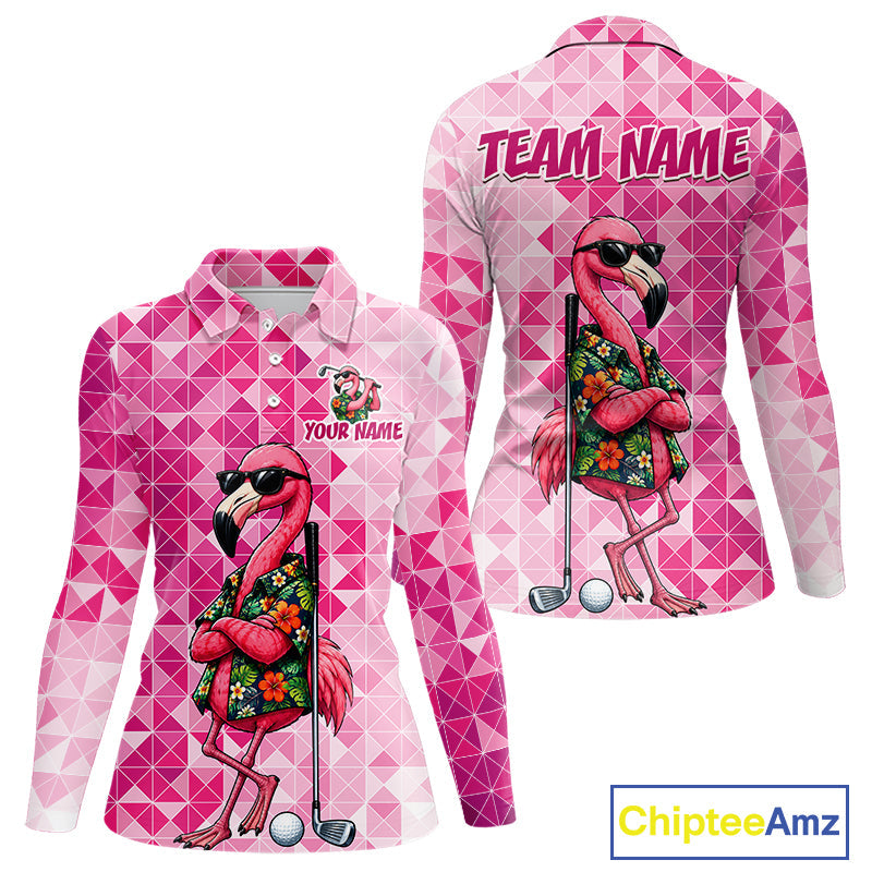 Funny Pink Flamingo Golf Polo Shirt Custom Name Team Golf Shirts, Golf Gifts