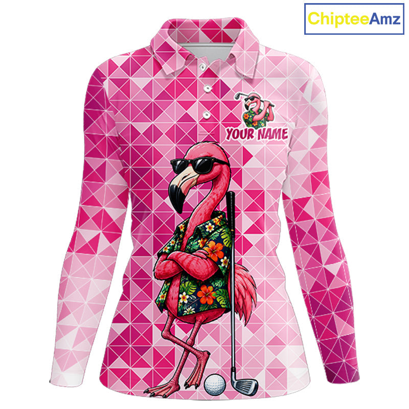 Funny Pink Flamingo Golf Polo Shirt Custom Name Team Golf Shirts, Golf Gifts
