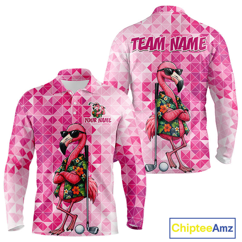 Funny Pink Flamingo Golf Polo Shirt Custom Name Team Golf Shirts, Golf Gifts
