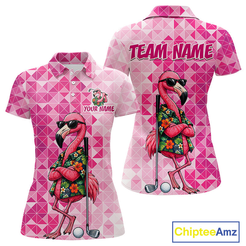 Funny Pink Flamingo Golf Polo Shirt Custom Name Team Golf Shirts, Golf Gifts