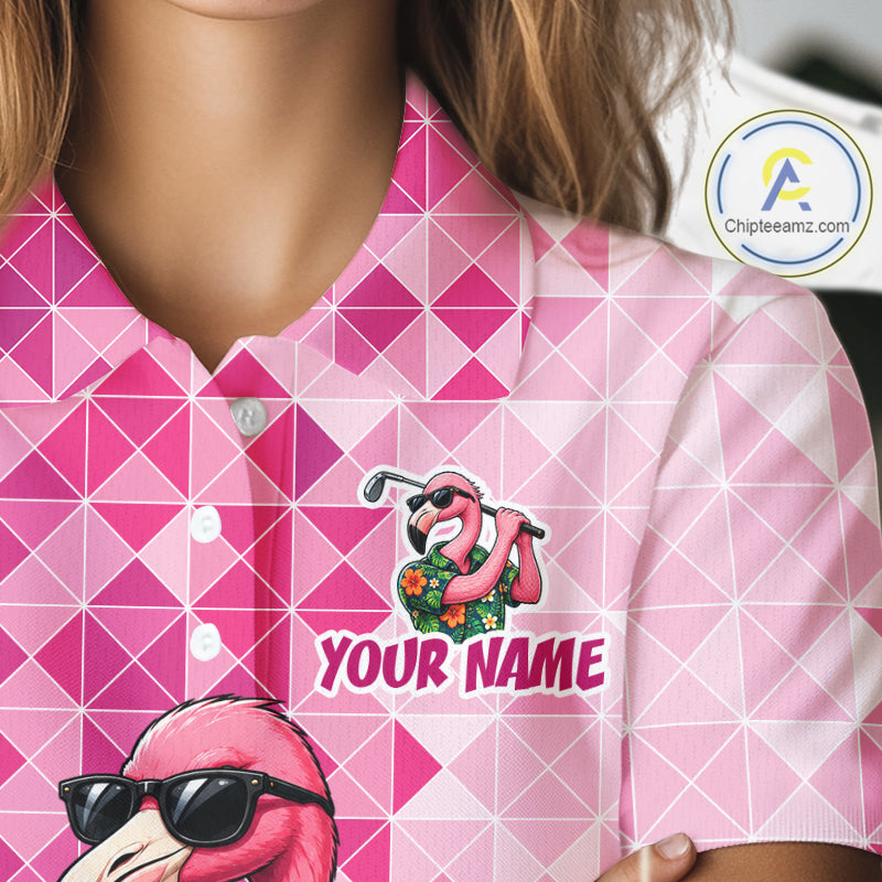 Funny Pink Flamingo Golf Polo Shirt Custom Name Team Golf Shirts, Golf Gifts