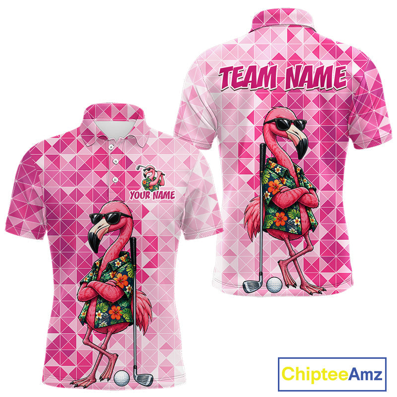 Funny Pink Flamingo Golf Polo Shirt Custom Name Team Golf Shirts, Golf Gifts