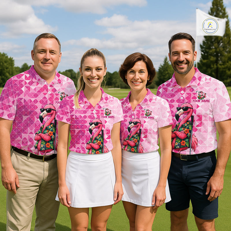 Funny Pink Flamingo Golf Polo Shirt Custom Name Team Golf Shirts, Golf Gifts