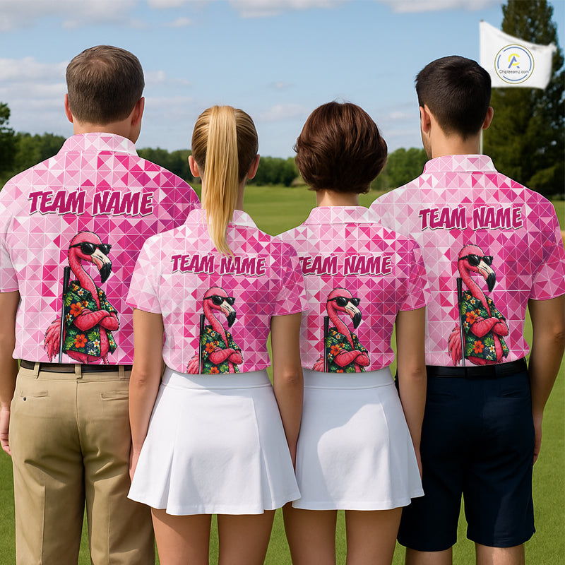 Funny Pink Flamingo Golf Polo Shirt Custom Name Team Golf Shirts, Golf Gifts