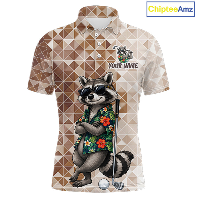 Funny Brown Raccoon Golf Polo Shirt Custom Name Team Golf Shirts, Golf Gifts