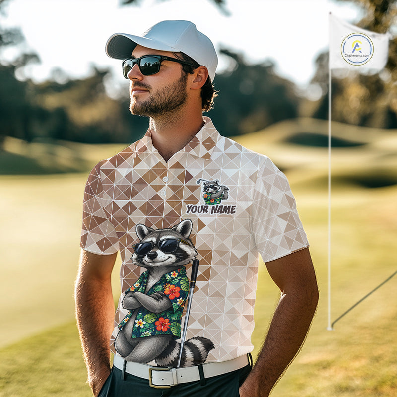 Funny Brown Raccoon Golf Polo Shirt Custom Name Team Golf Shirts, Golf Gifts