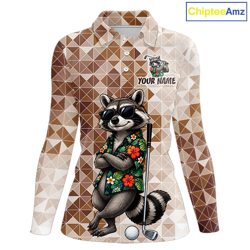 Funny Brown Raccoon Golf Polo Shirt Custom Name Team Golf Shirts, Golf Gifts