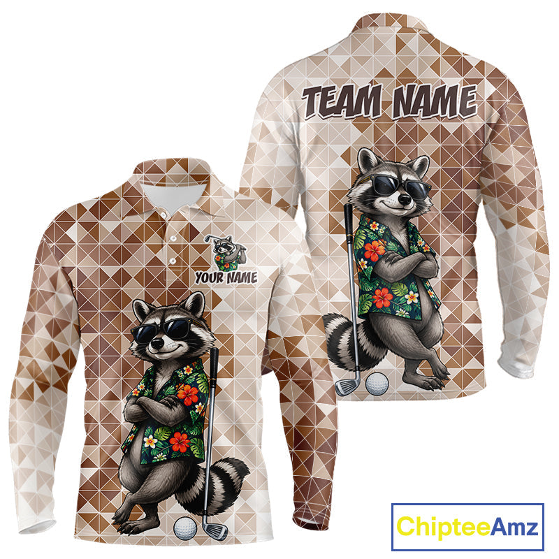 Funny Brown Raccoon Golf Polo Shirt Custom Name Team Golf Shirts, Golf Gifts