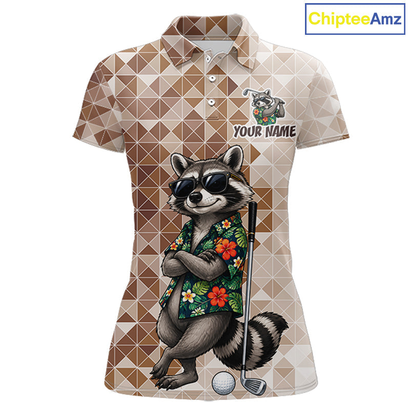 Funny Brown Raccoon Golf Polo Shirt Custom Name Team Golf Shirts, Golf Gifts