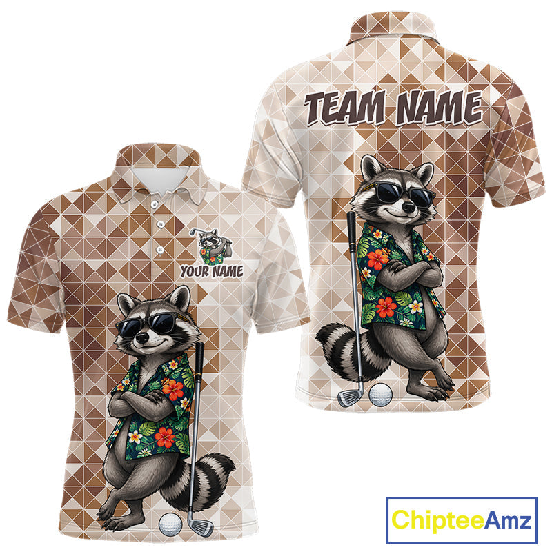 Funny Brown Raccoon Golf Polo Shirt Custom Name Team Golf Shirts, Golf Gifts