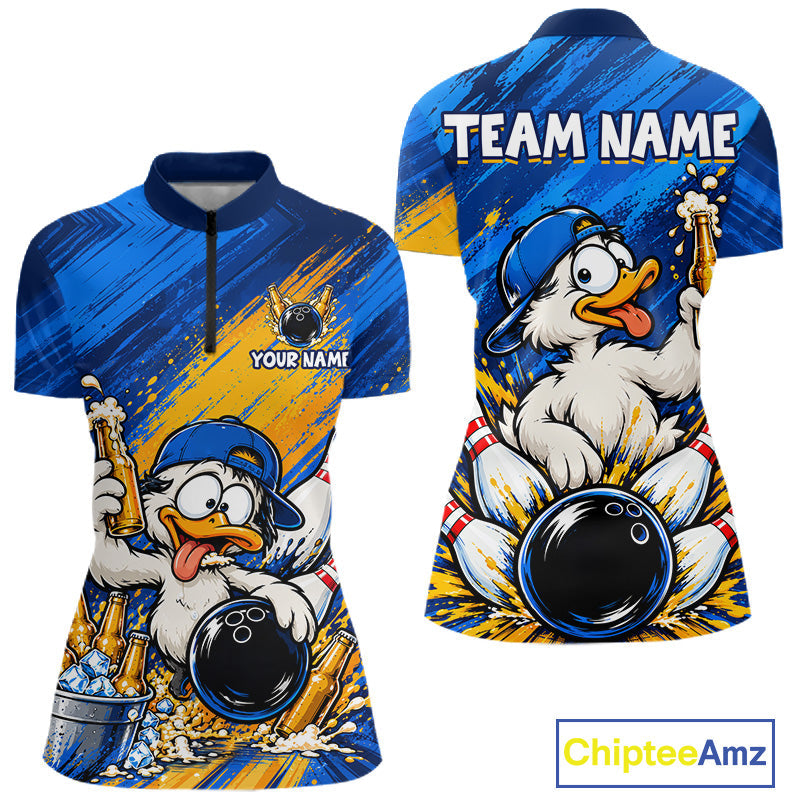Funny Beer Duck Bowling Team Shirt Custom Bowling League Outfit Polo & 1/4 Zip Shirts