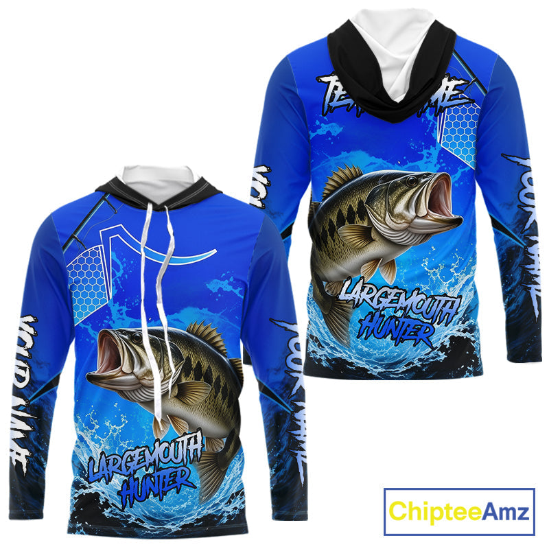 Largemouth Bass Fishing Camo Long Sleeve Hooded Fishing Shirts, Custom Bass Tournament Fishing Jerseys