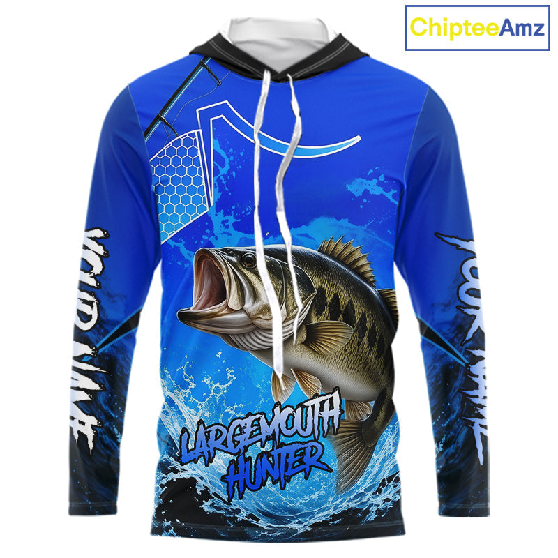 Largemouth Bass Fishing Camo Long Sleeve Hooded Fishing Shirts, Custom Bass Tournament Fishing Jerseys