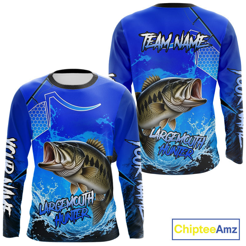 Largemouth Bass Fishing Camo Long Sleeve Fishing Shirts, Custom Bass Tournament Fishing Jerseys