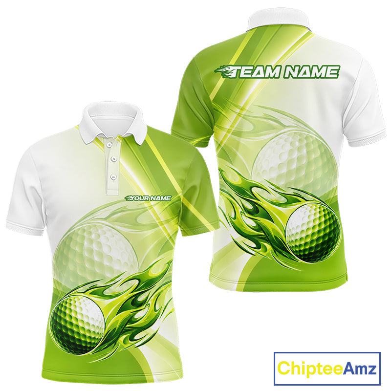Green Flame Golf Ball Polo Shirts Custom Golf Team Shirts Golfer Outfit