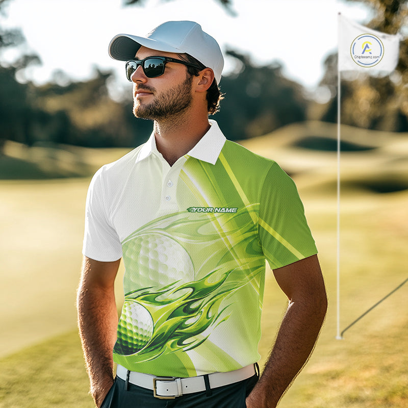 Green Flame Golf Ball Polo Shirts Custom Golf Team Shirts Golfer Outfit