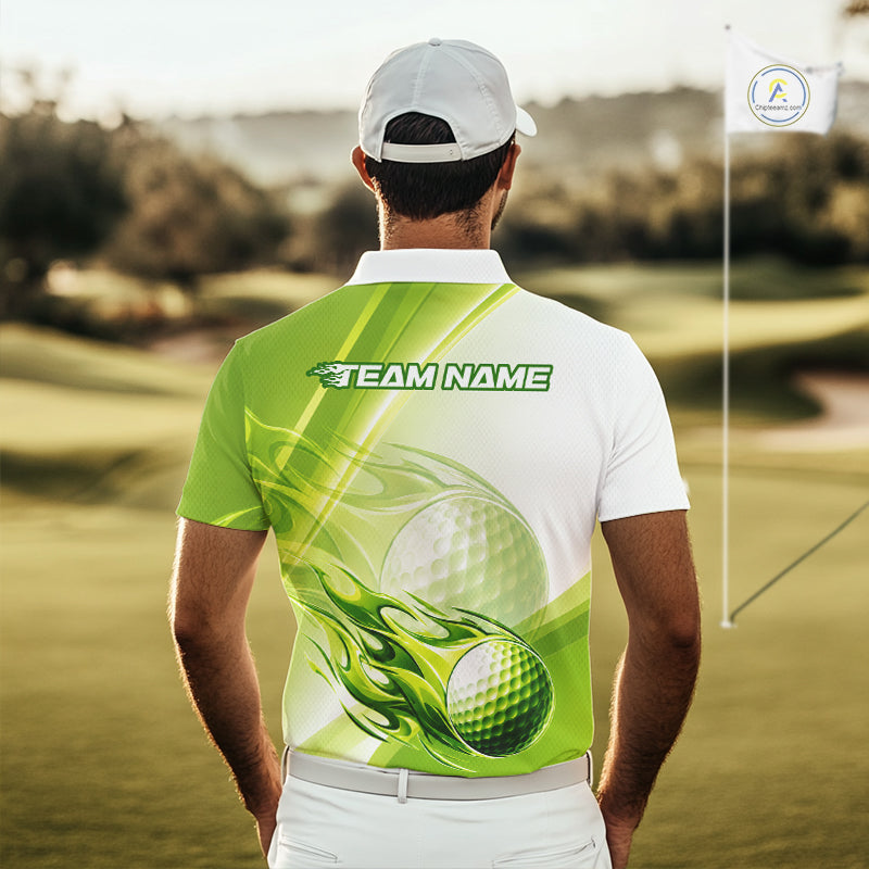 Green Flame Golf Ball Polo Shirts Custom Golf Team Shirts Golfer Outfit