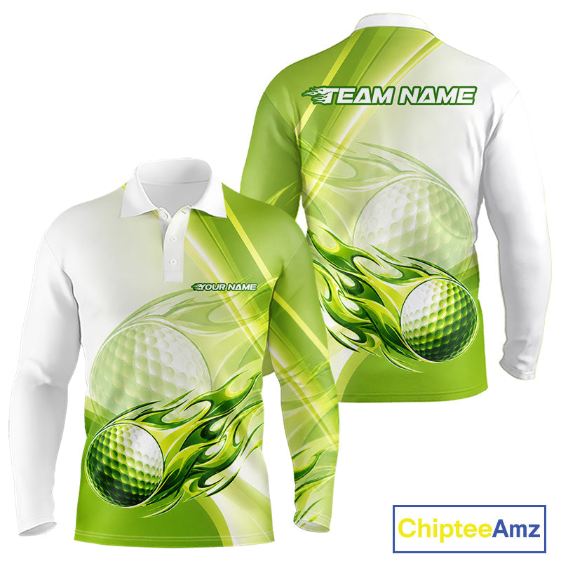 Green Flame Golf Ball Polo Shirts Custom Golf Team Shirts Golfer Outfit