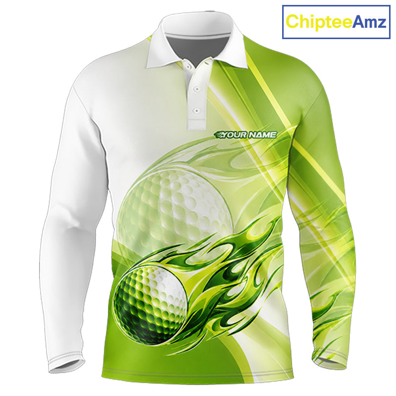 Green Flame Golf Ball Polo Shirts Custom Golf Team Shirts Golfer Outfit