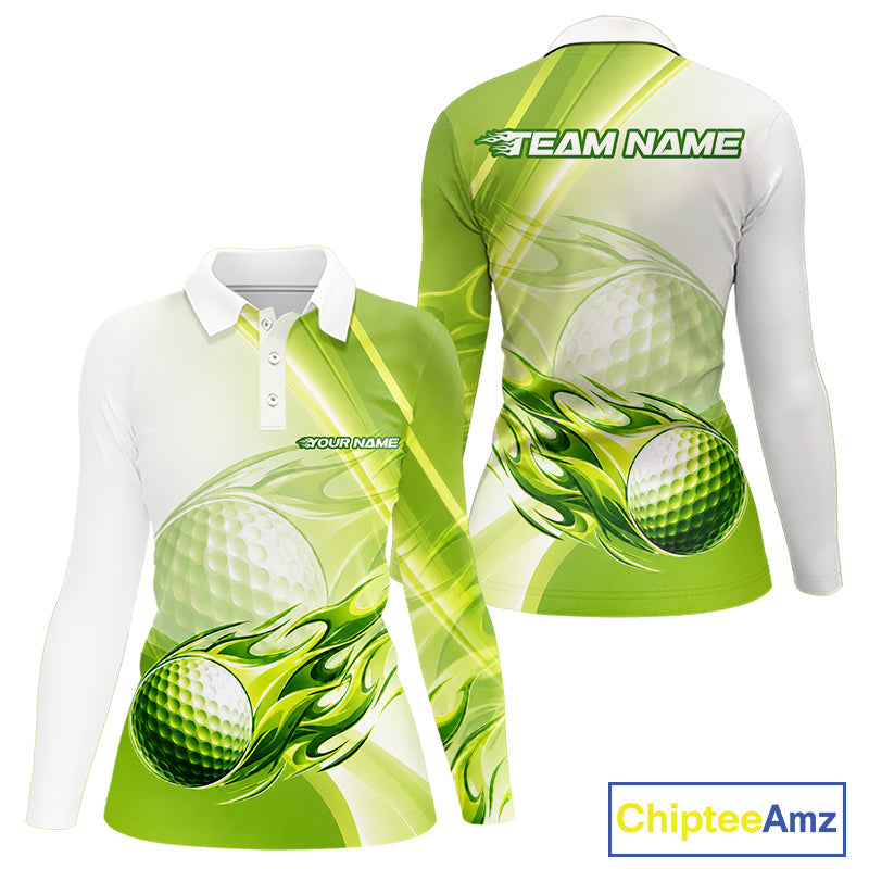 Green Flame Golf Ball Polo Shirts Custom Golf Team Shirts Golfer Outfit