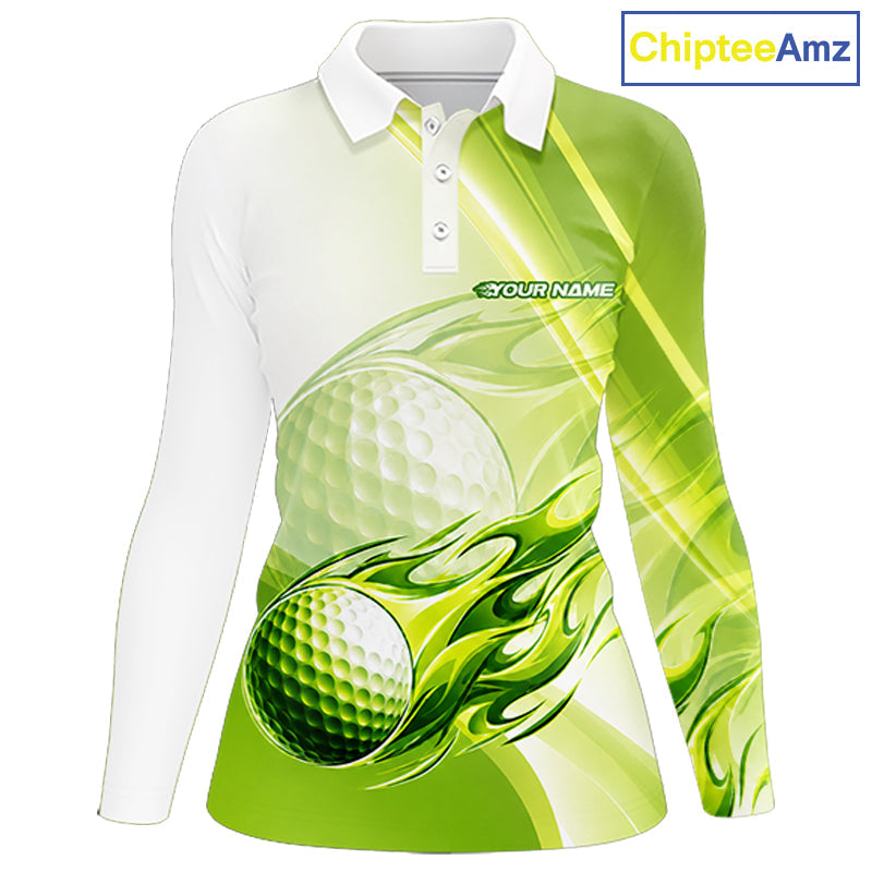 Green Flame Golf Ball Polo Shirts Custom Golf Team Shirts Golfer Outfit
