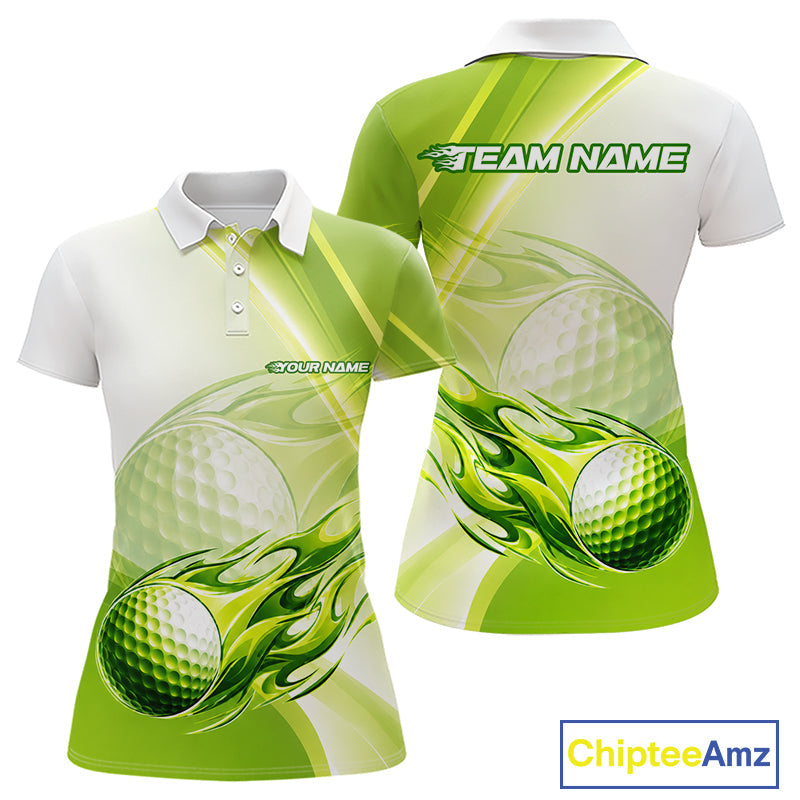 Green Flame Golf Ball Polo Shirts Custom Golf Team Shirts Golfer Outfit